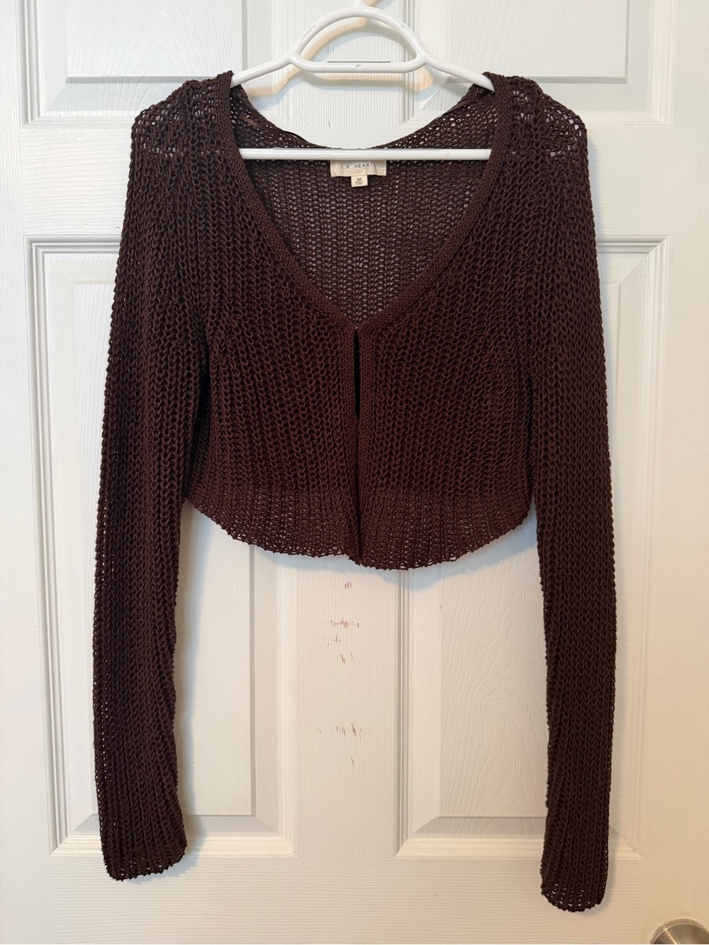 Talula Dark Brown Cropped Open-Knit V-Neck Sweater